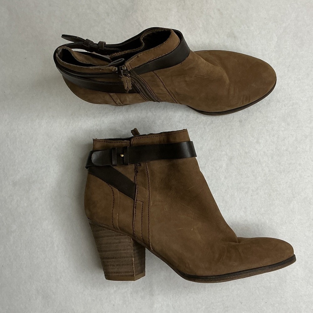 Franco‎ Sarto Dotty Brown Ankle Boots Leather Wrap Buckle Block Heel 9.5M